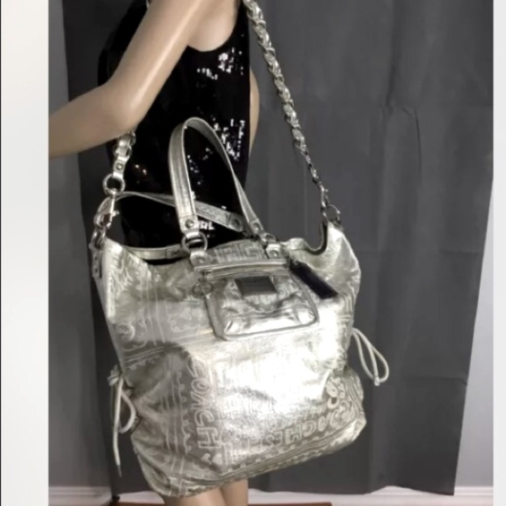 Coach metallic silver large shoulder bag